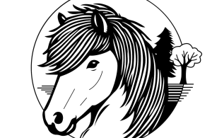 Logo Pferd umrandet im Kreis mit zwei Bäumen