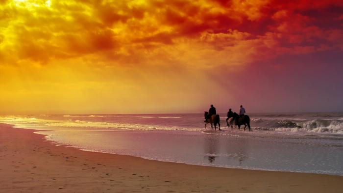 Reiter beim Reiten am Stand im Sonnenuntergang während Reiterferien am Meer