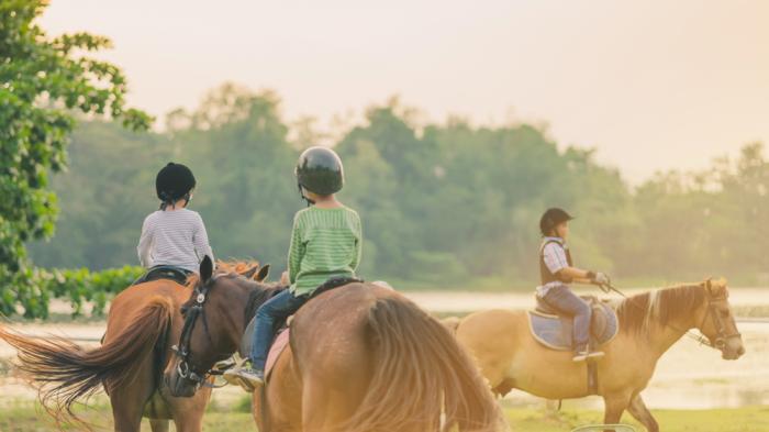 Drei Kinder beim Reitunterricht in der Ferienreitschule für Kinder während der Reiterferien