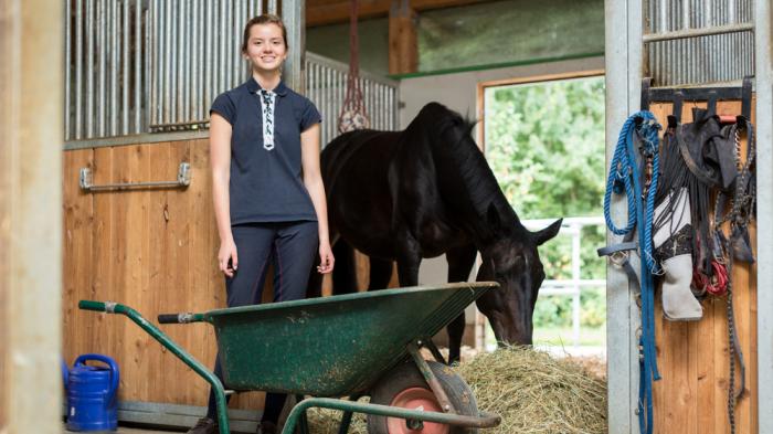 Junge Frau im Stall mit Pferd FÖJ Freiwilliges Ökologisches Jahr 