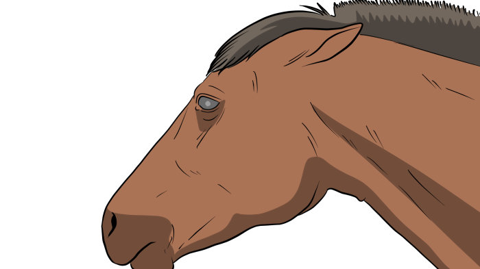 Zeichnung eines braunen Pferdekopfes mit Hals und angelegten Ohren