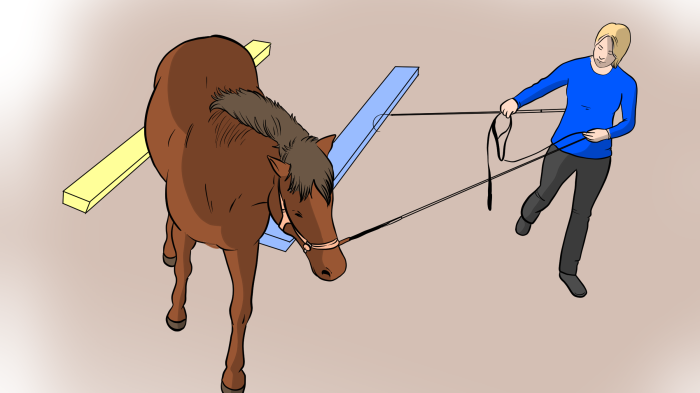 Zeichnung eines braunen Pferdes das durch eine Gasse von blauen und gelben Balken geführt wird und sich leicht biegt
