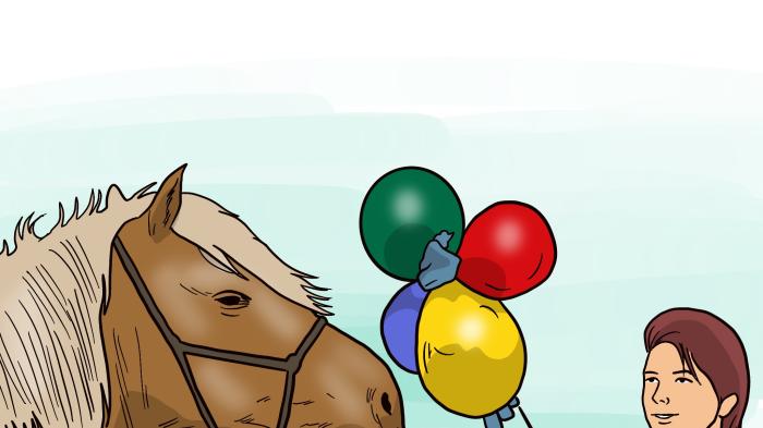 Eine Zeichnung von einem braunen Pferd, das vor einem Menschen mit vier Luftballons steht