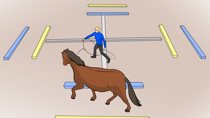 Zeichnung eines braunen Pferdes das durch Gassen in einem Viereck aus blauen und gelben Balken läuft