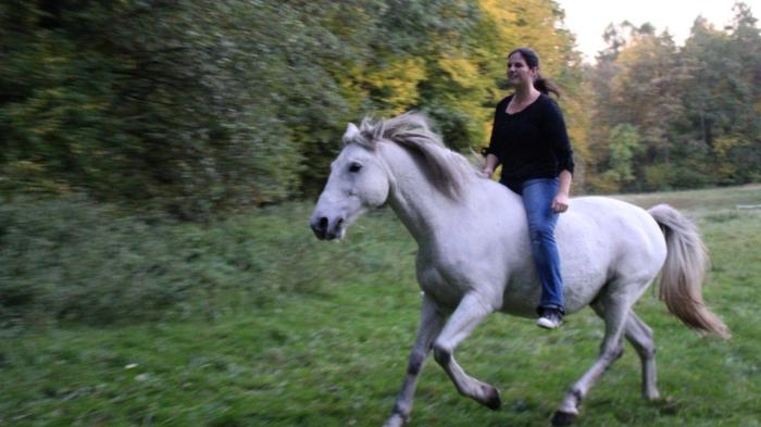 Frau reitet ohne Sattel auf weißem Pferd