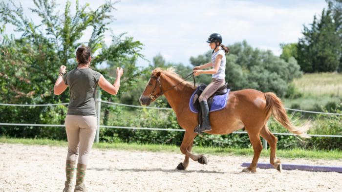 Mädchen sitzt auf braunem Pferd und reitet auf Sandplatz