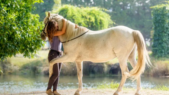 Frau umarmt weißes Pferd am See