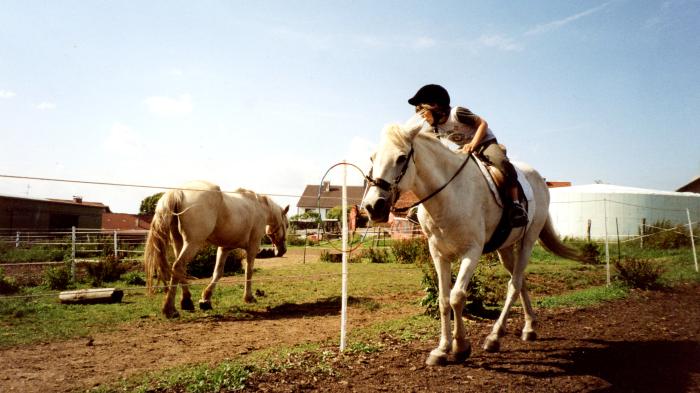 Kind sitzt auf einem weißen Pony und hat einen Ring in der Hand