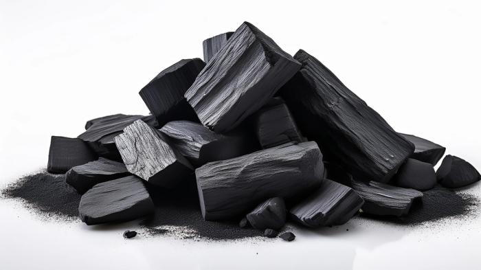 Ein Stapel schwarzer Holzkohlebrocken liegt auf einer weißen Oberfläche, umgeben von feinem Kohlenstaub.