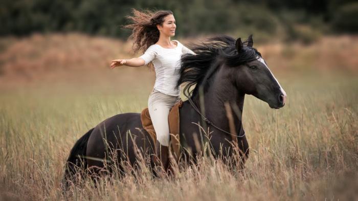 Eine Frau mit weißem Shirt reitet auf einem schwarzen Pferd mit weißer Blesse durch eine Wiese, ihre braun gelockten Haare wehen im Wind, während sie die Arme ausbreitet.