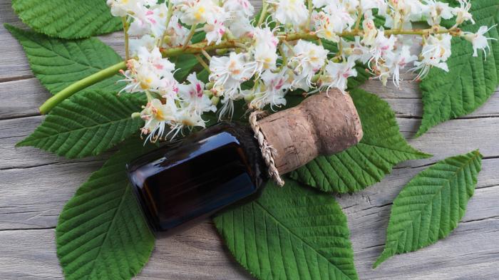 Ein kleines braunes Fläschchen liegt mit weißen Blumen auf grünen Blättern