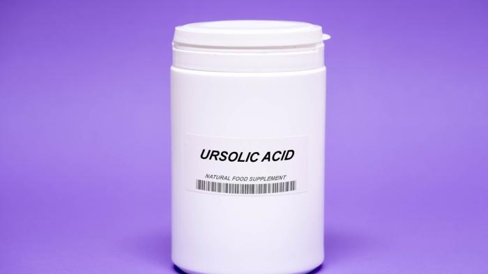 Weiße Dose mit lila Hintergrund und Aufschrift Ursolic Acid