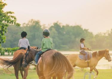 Drei Kinder beim Reitunterricht in der Ferienreitschule für Kinder während der Reiterferien