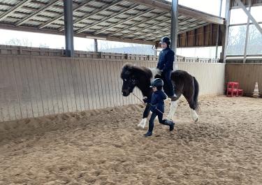 Hippolini kleines Kind führt jungen Reiten auf Pferd am Führstrick durch Reithalle