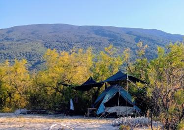 Zelt mit Schattennetz von Bäumen umgeben und im Hintergrund ist ein Berg